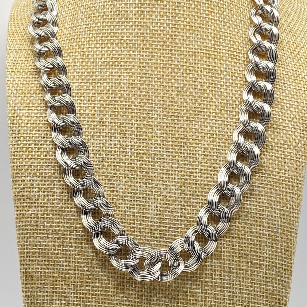 Monet Silver Tone Double Curb Link Necklace 1980s Vintage Silver 20”